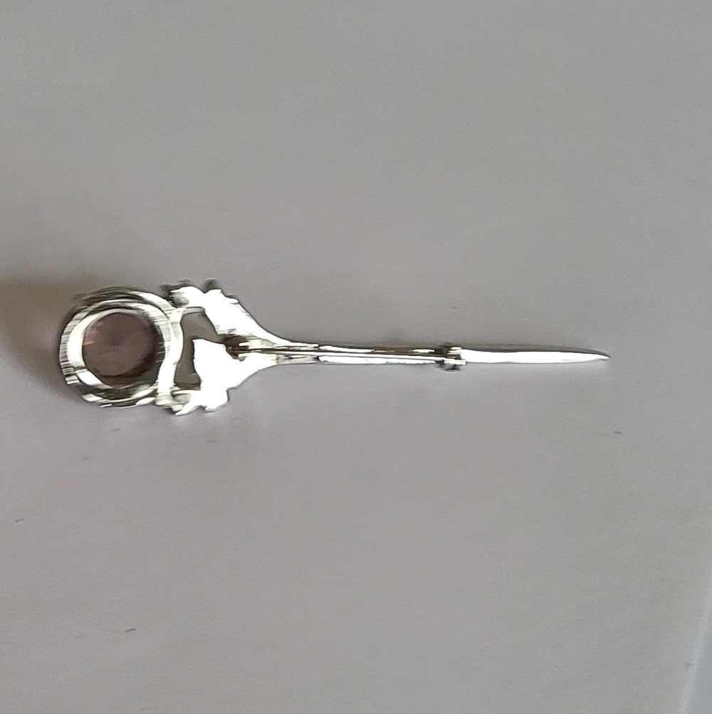 Vintage Silver Tone Pink Amethyst Glass Scottish Thistle Sword Kilt Brooch Pin - Picture 8 of 12